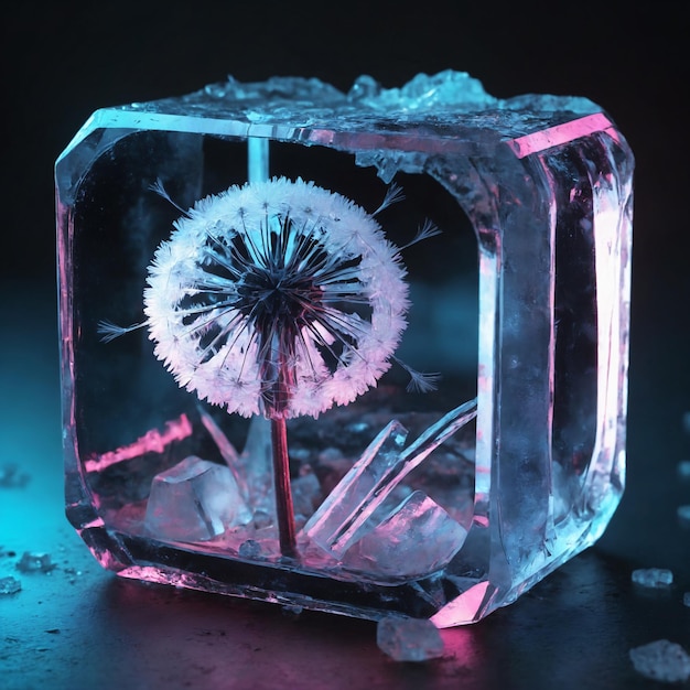 Dandelion frozen in an ice cube