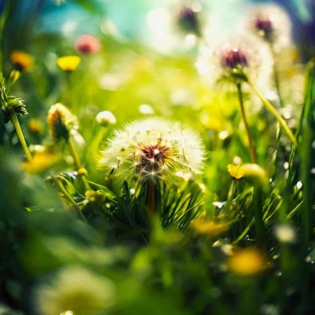 a dandelion is in the grass with the sun behind it