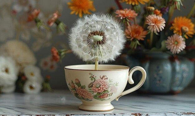 Dandelion Puff in a Vintage Vase Charming Indoor Decor transparent background PNG PSD