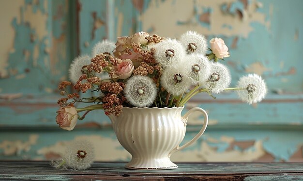 Dandelion Puff in a Vintage Vase Charming Indoor Decor transparent background PNG PSD