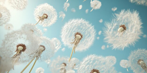 dandelion seeds are floating in the air