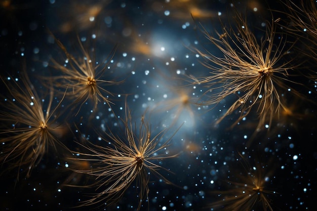 dandelion seeds in a dark blue background.