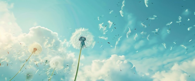 Dandelion seeds drifting lazily through the air carried by a gentle breeze against the backdrop of a serene blue sky