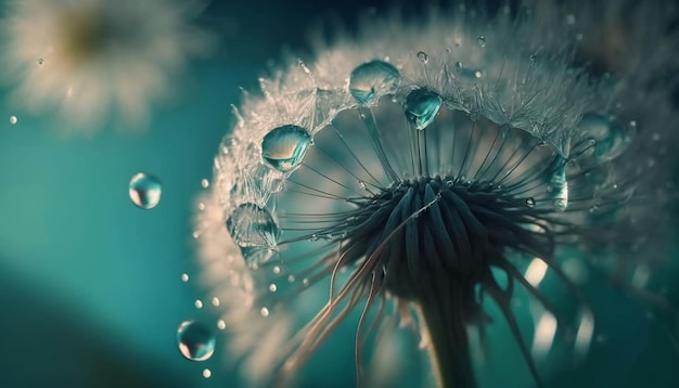 Dandelion Seeds in droplets of water on blue and turquoise.