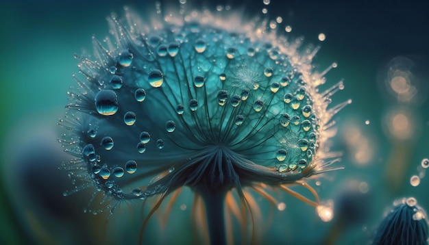 Dandelion Seeds in droplets of water on blue and turquoise.