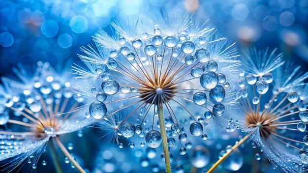 Dandelion Seeds in the drops of dew on a beautiful blurred background Dandelions on a beautiful blue background Drops of dew sparkle on the dandelion