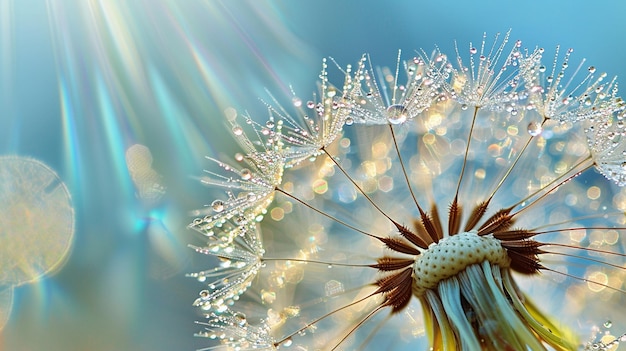 Dandelion Seeds in drops water on blue beautiful background