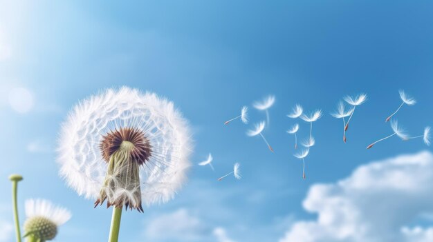 Photo dandelion seeds floating in blue sky