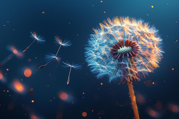 Dandelion seeds floating on dark blue background