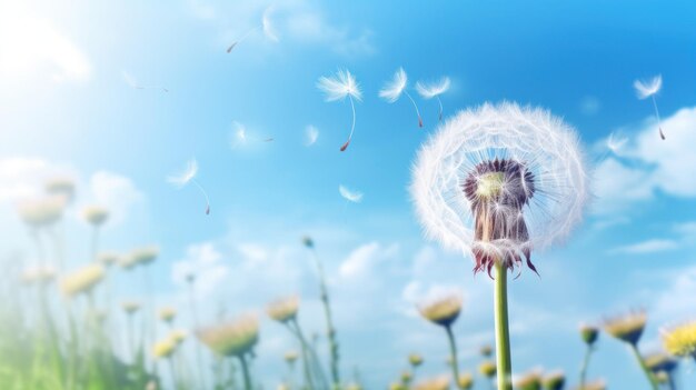 Photo dandelion seeds floating in the wind