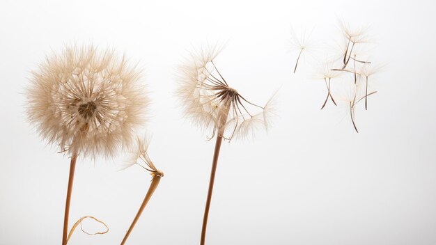 Dandelion seeds fly from a flower on a light background botany and bloom growth propagation