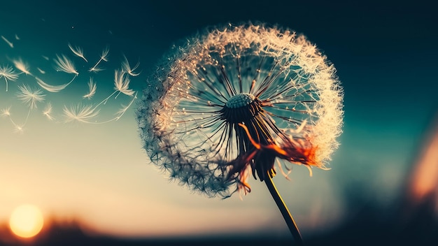 Dandelion seeds in the morning sunlight blowing away in the wind across a clear blue sky