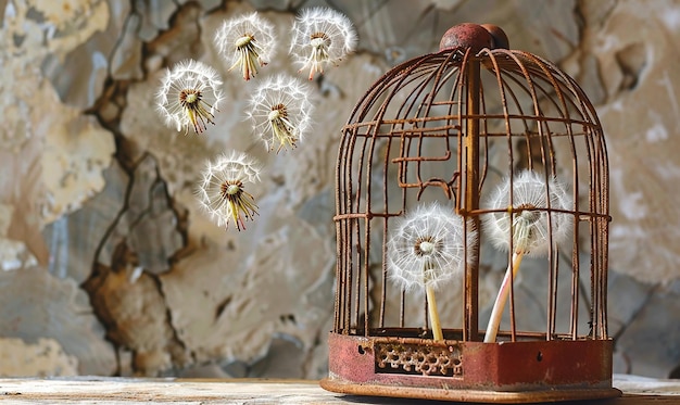 Photo dandelion seeds in a vintage birdcage