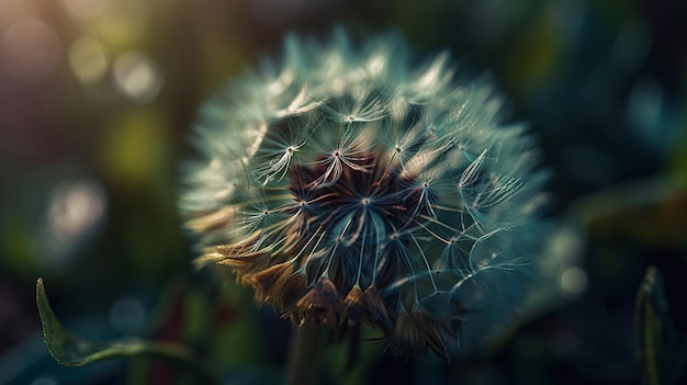 Dandelion seeds with dew drops close up generative ai