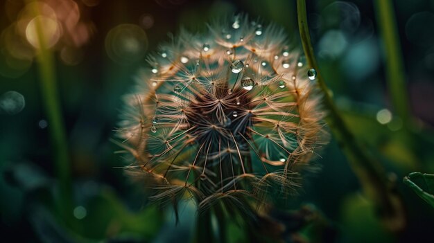 Dandelion seeds with dew drops close up generative ai