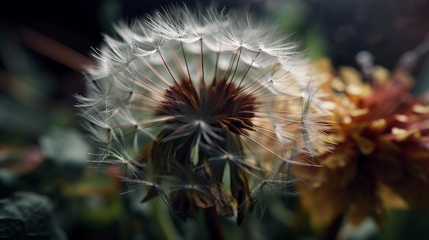 Dandelion seeds with dew drops close up generative ai