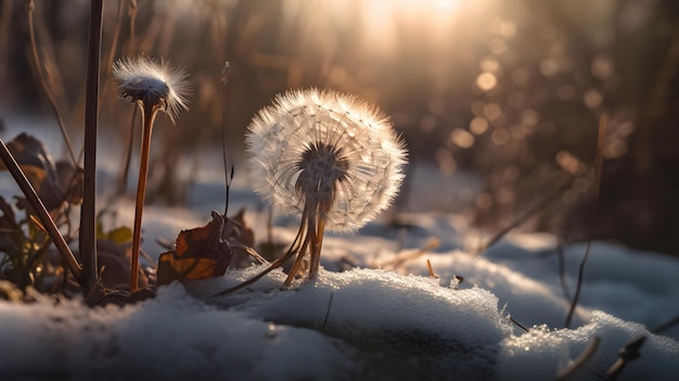 A dandelion in the snow with the sun shining on it