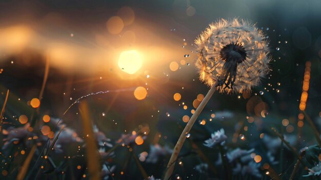 Photo a dandelion in the sunset by person