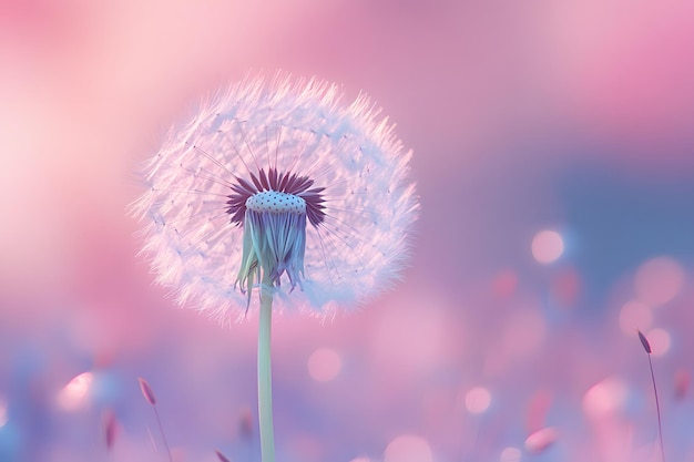 Photo a dandelion with a pink background and a pink and blue sky