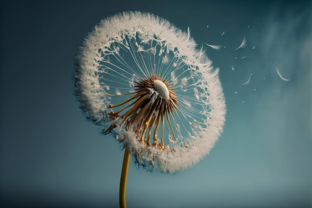 Dandelion With Seeds Blowing Away Blue background