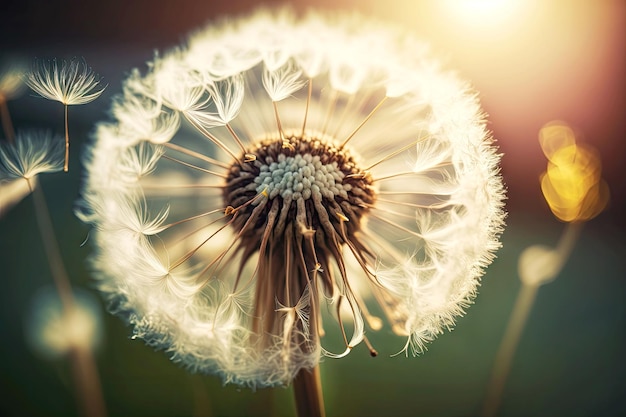 Dandelion with seeds in nature blowing in wind on bright sunny day generative ai