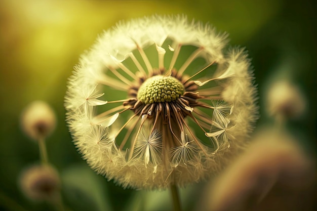 Dandelion with seeds in nature and green plant closeup on blurred background generative ai