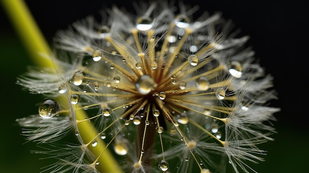 A dandelion with water droplets on it