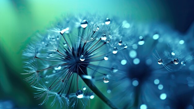 Photo dandelion with water drops on the blue background