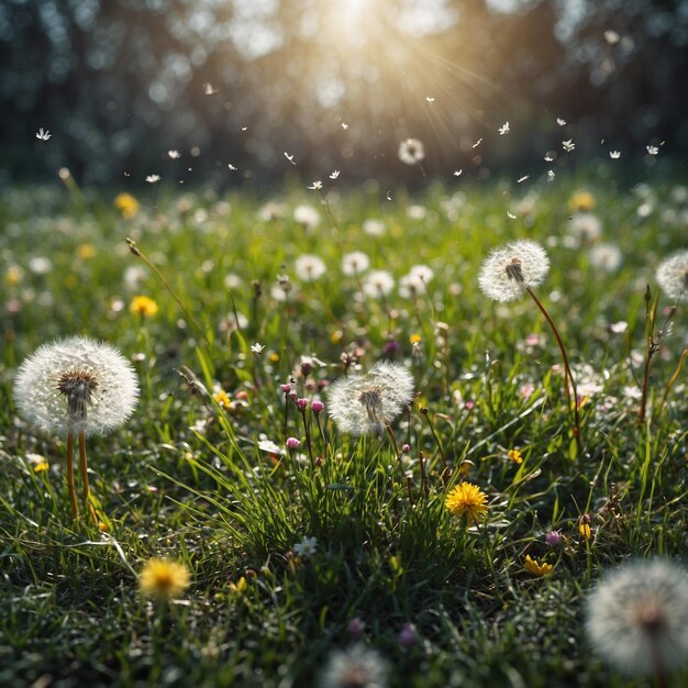 dandelions are in the grass and the sun is shining