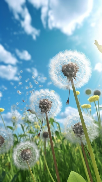 Dandelions blowing in the wind with the sun shining on them.