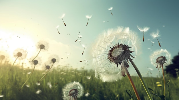 Dandelions blowing in the wind with the sun shining through them.