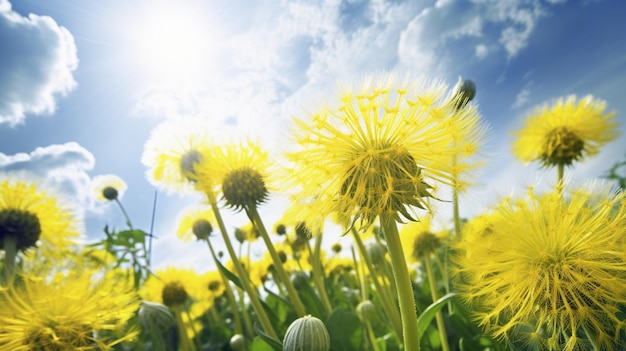 Dandelions in a field with the sun shining on them