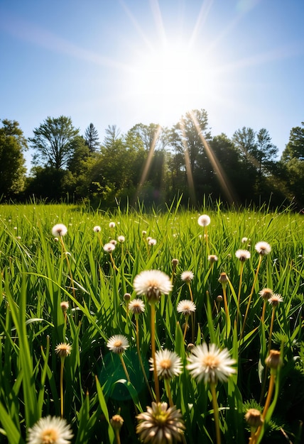 dandelions in a field with the sun shining through the grass