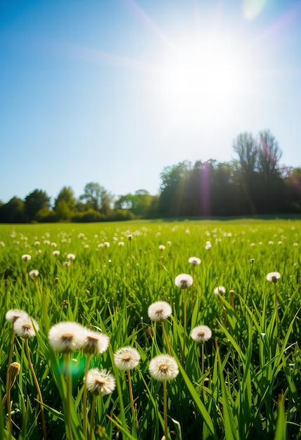 dandelions in a field with the sun shining through them