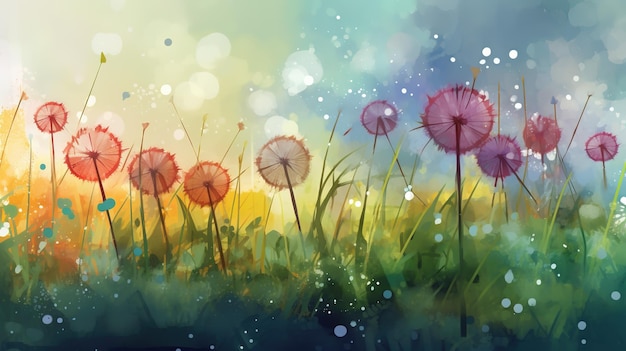 dandelions in the grass field fantasy desktop background