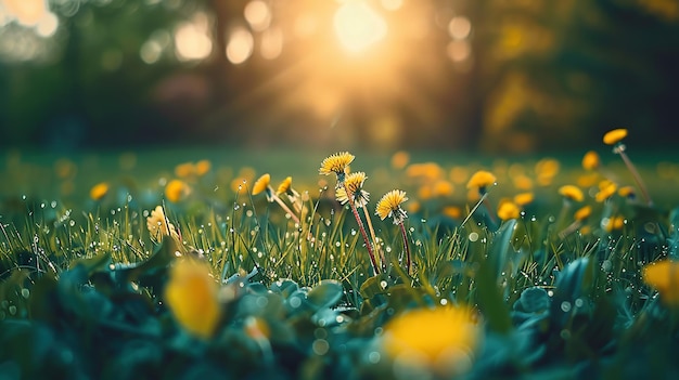 Dandelions in Morning Dew With a Sunlit Background