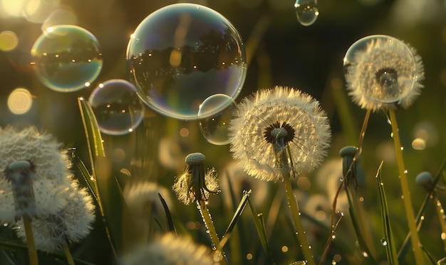 Photo dandelions and soap bubbles in the air in sunset light nature background