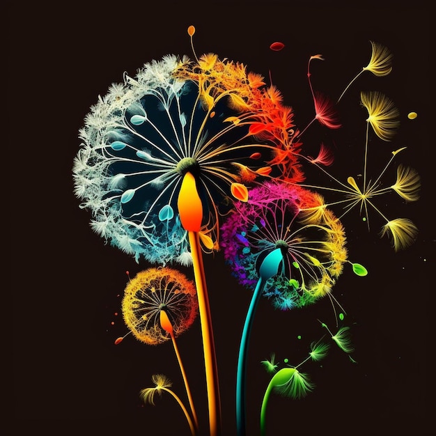 Dandelions in the wind in neon colors on a dark background