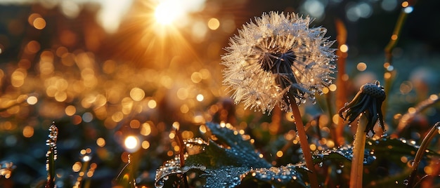 Dandelions with dew drops illuminated by the warm sunset