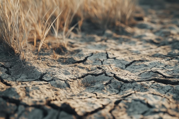 Photo danger global warming concept close up of dead grasses with cracked soil at dry season