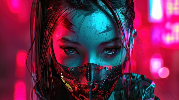 Dangerous mysterious cyberpunk female ninja character with mouth covering AI generated image