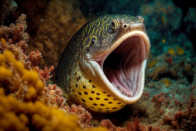 Dangerous predatory moray eel preys on ocean floor with its mouth wide open