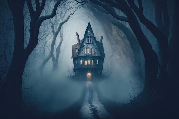 Dangerous travel through forest to horror house in fog