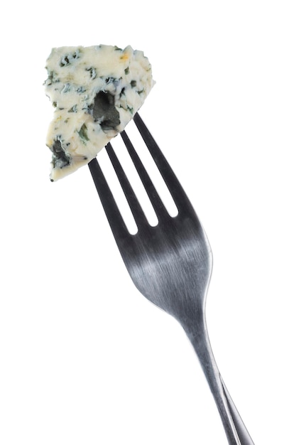 Danish blue cheese on fork isolated on white background with clipping path