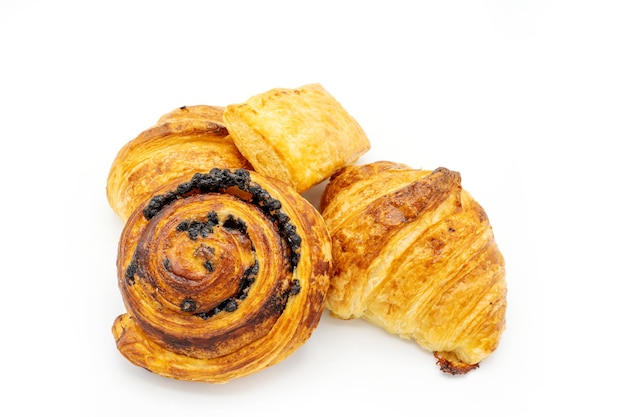 danish chocolate and croissants on white background.