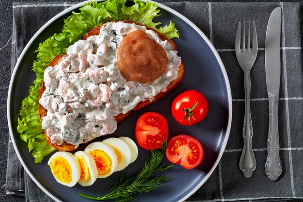 Danish smorrebrod with shrimps mayo roe and egg