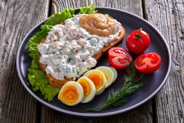 Danish smorrebrod with shrimps mayo roe and egg