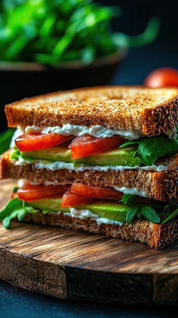 Photo a danishinspired sandwich with sprats avocado and cream cheese served on a wooden platter