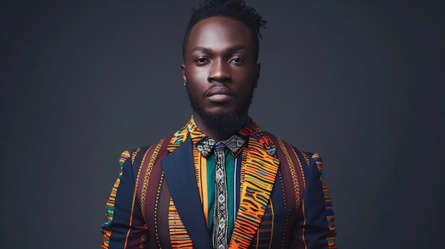 A dapper black man in a tailored suit featuring traditional african kente cloth fabric accents