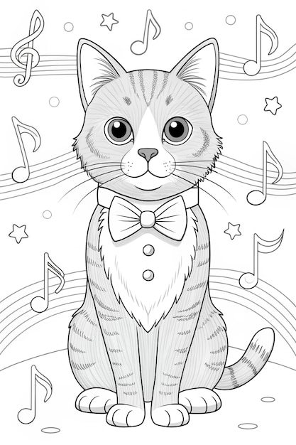 Dapper Cat with Bow Tie Coloring Page Elegant Line Art with Musical Accents